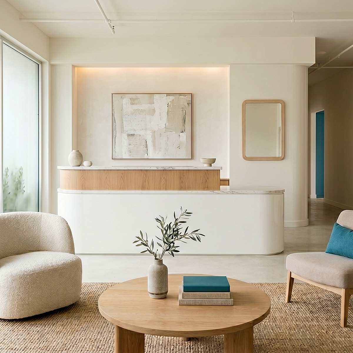 Modern reception area with natural decor elements.