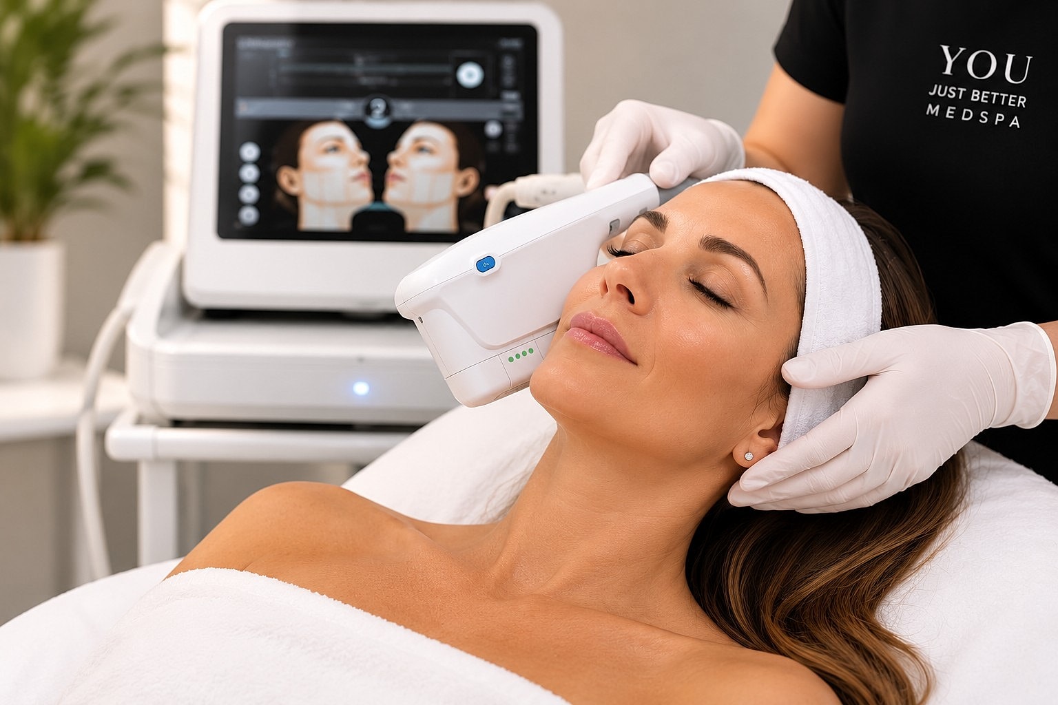 Woman receiving facial treatment at medspa.
