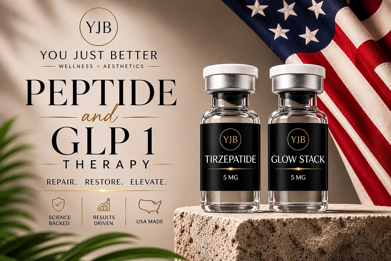 Peptide therapy bottles with American flag backdrop